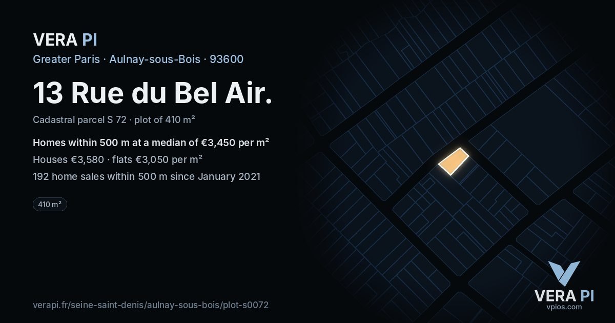 13 Rue du Bel Air, Aulnay-sous-Bois at night – the plot lit, the parcels around coloured by the prices near them