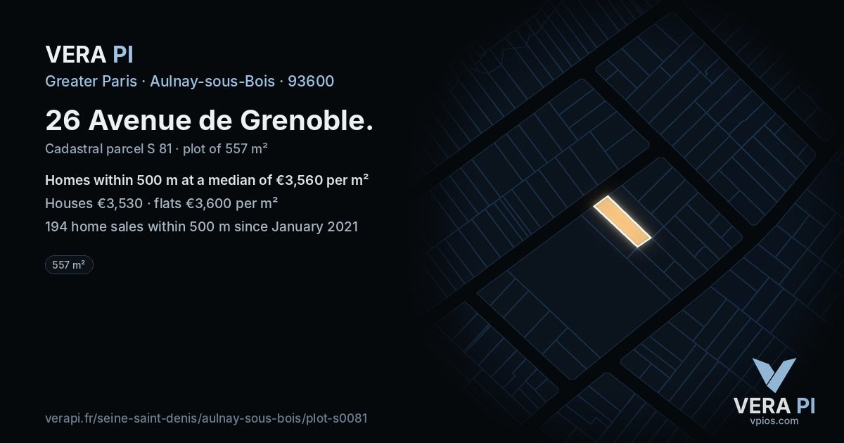 26 Avenue de Grenoble, Aulnay-sous-Bois at night – the plot lit, the parcels around coloured by the prices near them