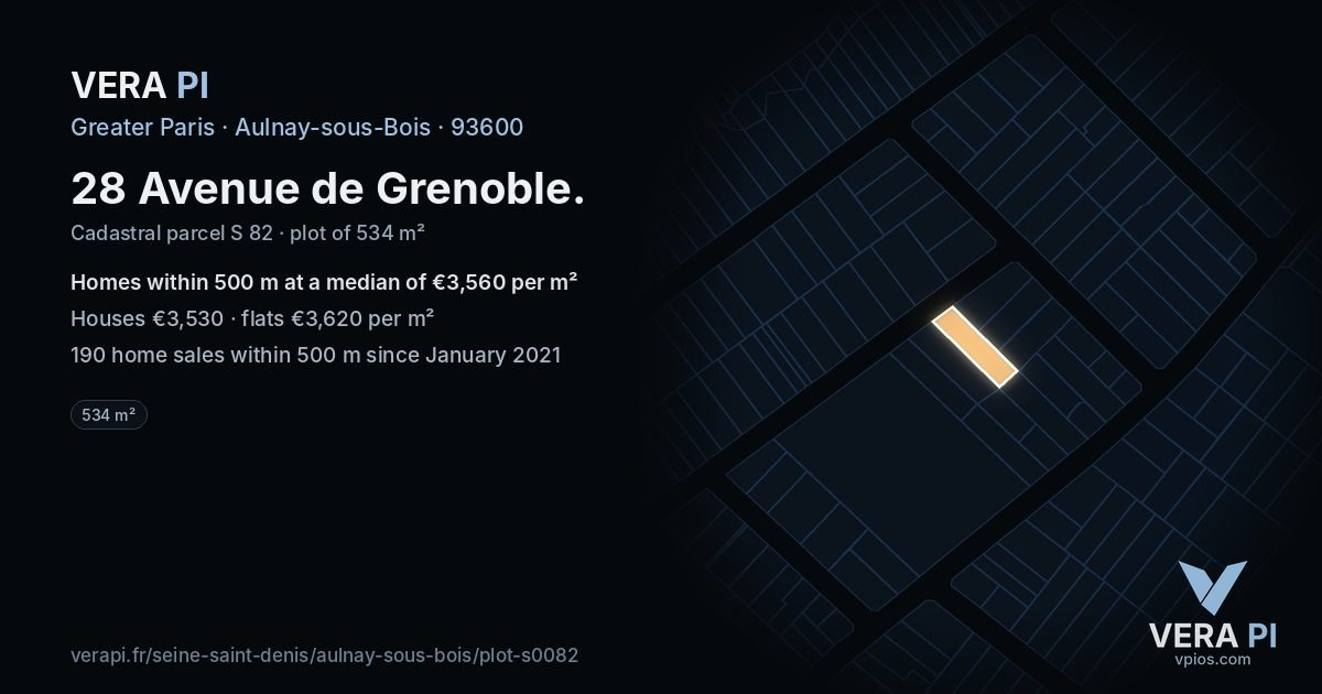 28 Avenue de Grenoble, Aulnay-sous-Bois at night – the plot lit, the parcels around coloured by the prices near them