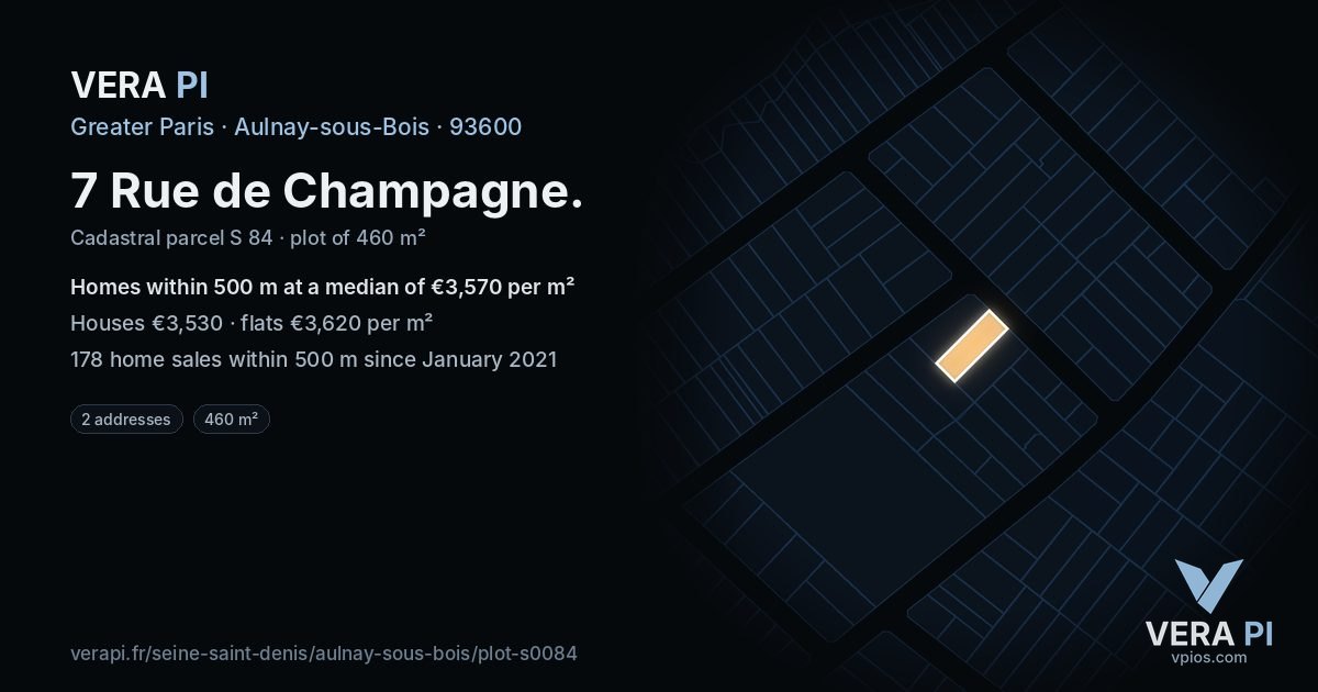 7 Rue de Champagne, Aulnay-sous-Bois at night – the plot lit, the parcels around coloured by the prices near them