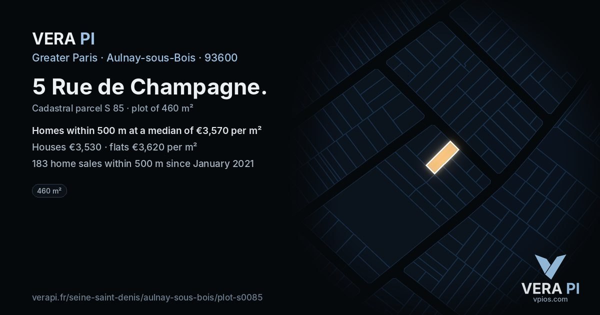5 Rue de Champagne, Aulnay-sous-Bois at night – the plot lit, the parcels around coloured by the prices near them