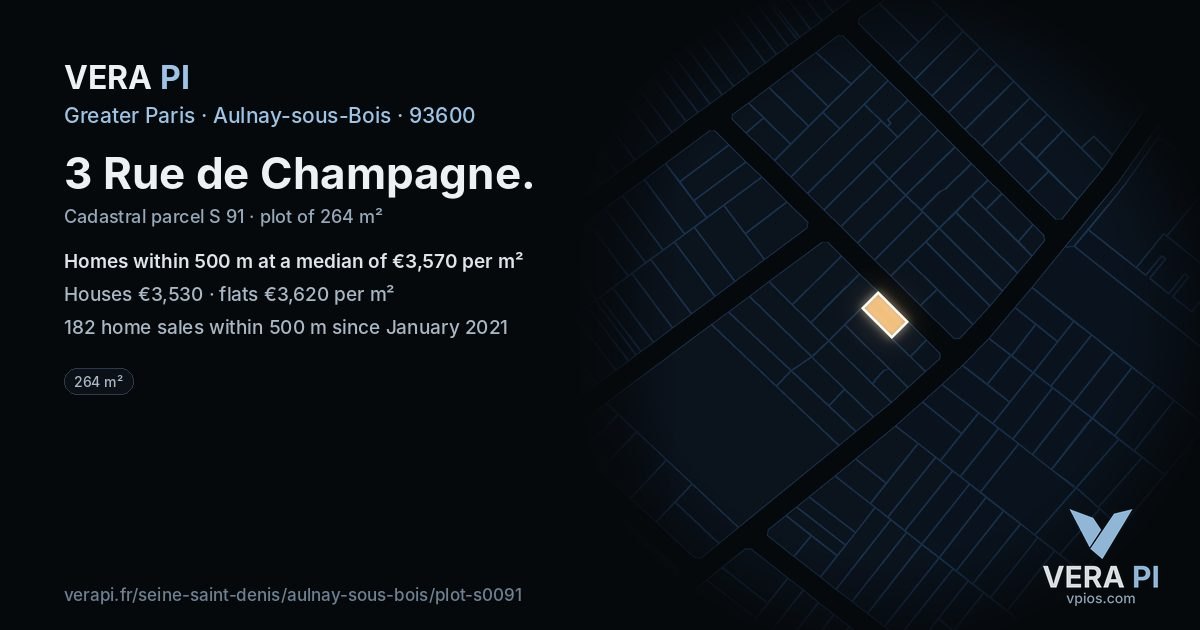 3 Rue de Champagne, Aulnay-sous-Bois at night – the plot lit, the parcels around coloured by the prices near them