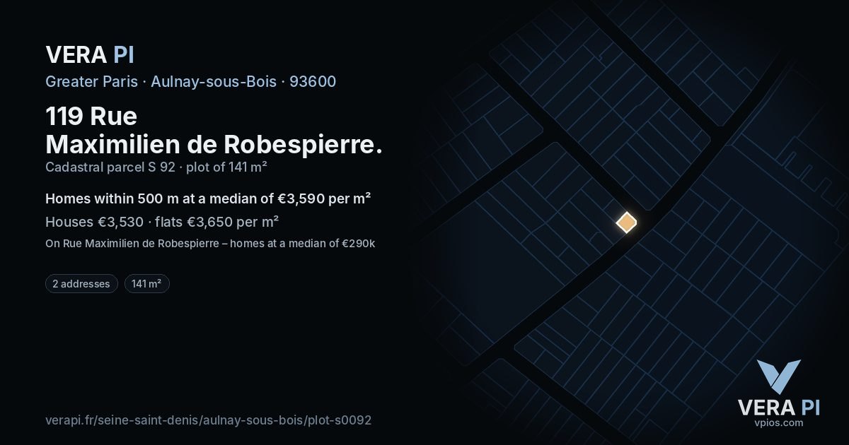 119 Rue Maximilien de Robespierre, Aulnay-sous-Bois at night – the plot lit, the parcels around coloured by the prices near them