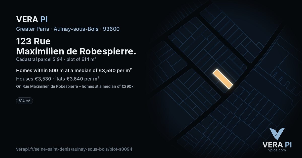 123 Rue Maximilien de Robespierre, Aulnay-sous-Bois at night – the plot lit, the parcels around coloured by the prices near them