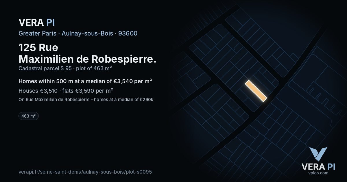 125 Rue Maximilien de Robespierre, Aulnay-sous-Bois at night – the plot lit, the parcels around coloured by the prices near them
