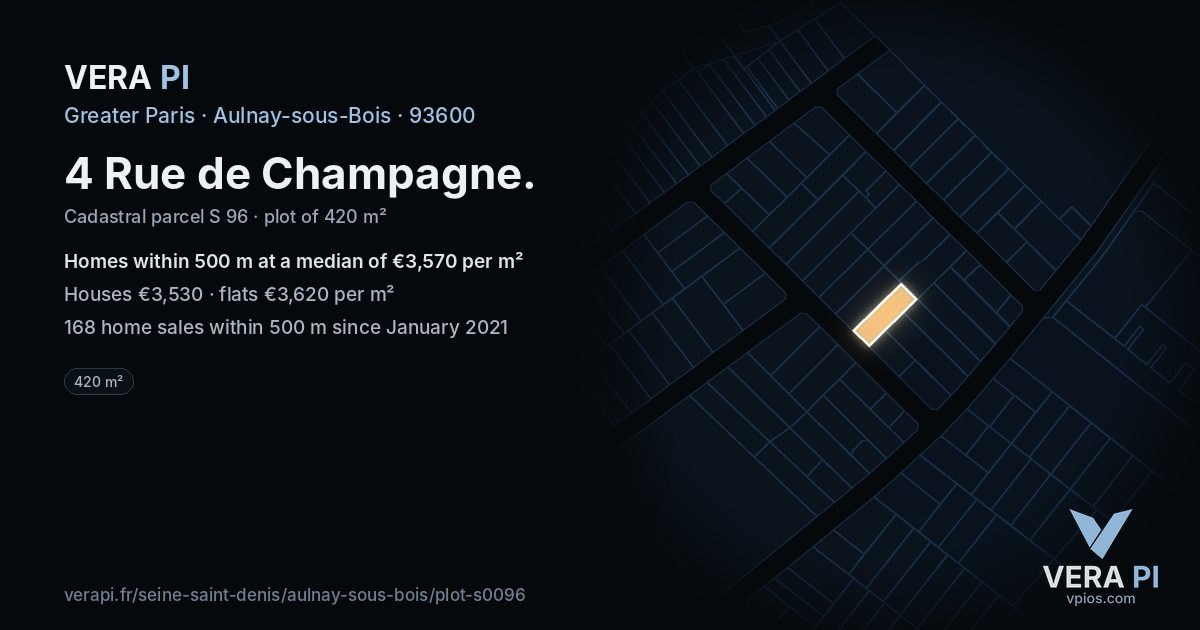 4 Rue de Champagne, Aulnay-sous-Bois at night – the plot lit, the parcels around coloured by the prices near them