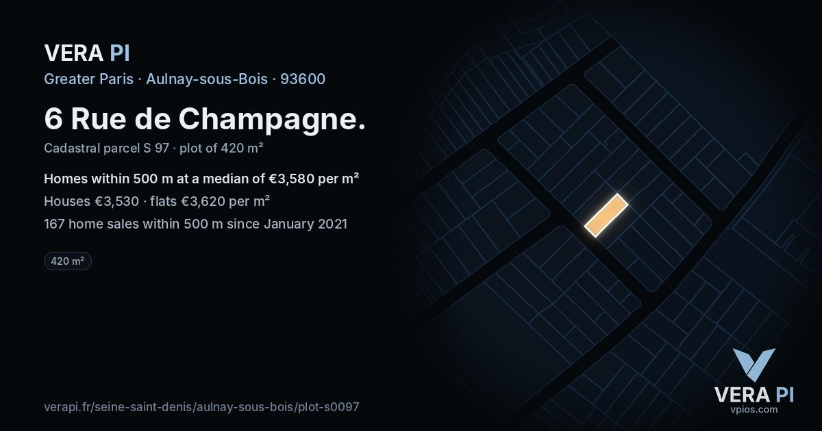 6 Rue de Champagne, Aulnay-sous-Bois at night – the plot lit, the parcels around coloured by the prices near them