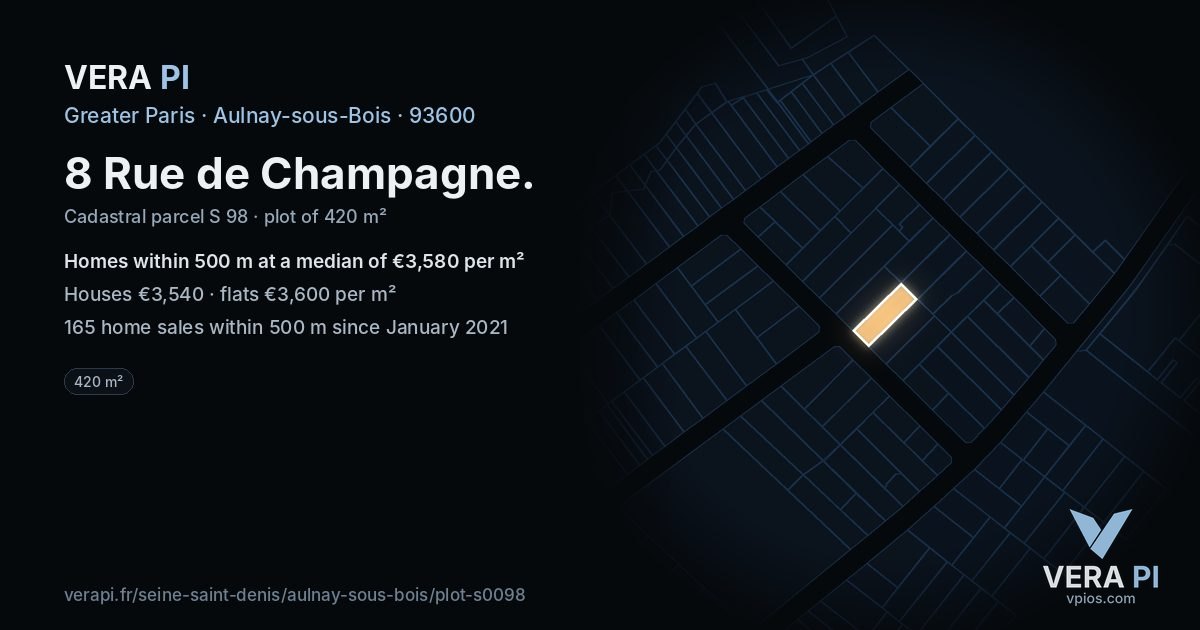 8 Rue de Champagne, Aulnay-sous-Bois at night – the plot lit, the parcels around coloured by the prices near them