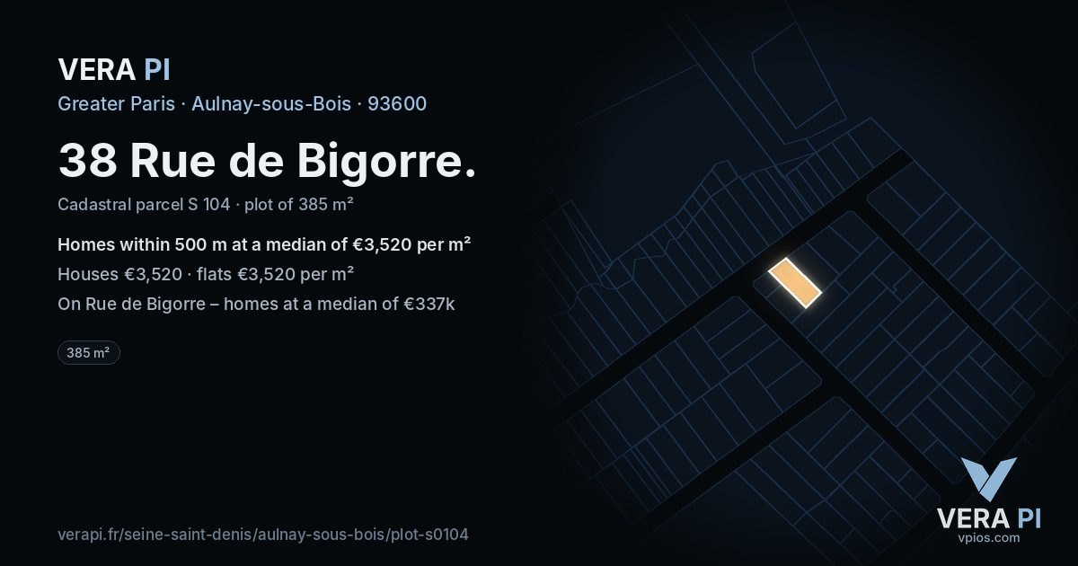 38 Rue de Bigorre, Aulnay-sous-Bois at night – the plot lit, the parcels around coloured by the prices near them