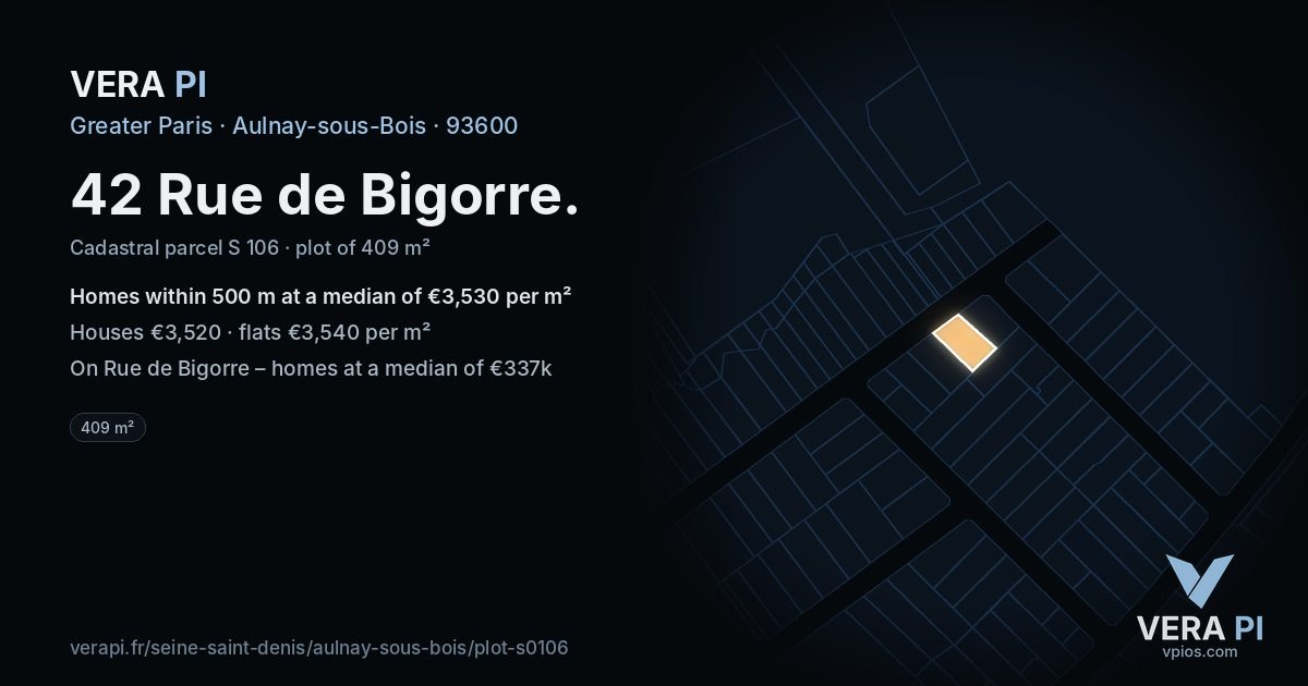 42 Rue de Bigorre, Aulnay-sous-Bois at night – the plot lit, the parcels around coloured by the prices near them