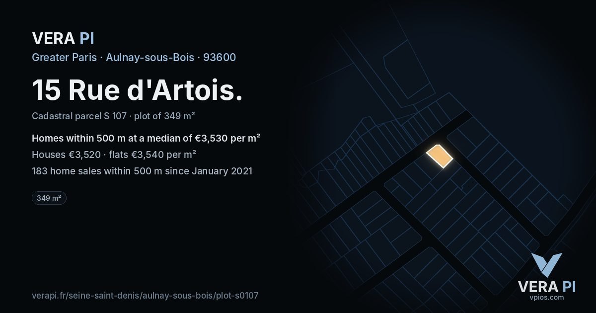 15 Rue d'Artois, Aulnay-sous-Bois at night – the plot lit, the parcels around coloured by the prices near them