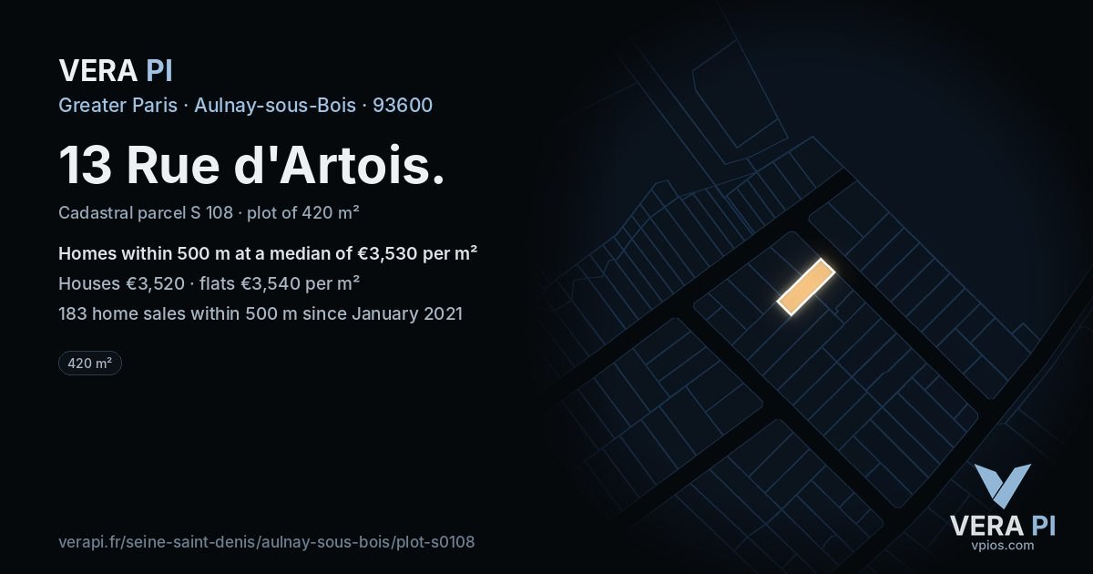 13 Rue d'Artois, Aulnay-sous-Bois at night – the plot lit, the parcels around coloured by the prices near them