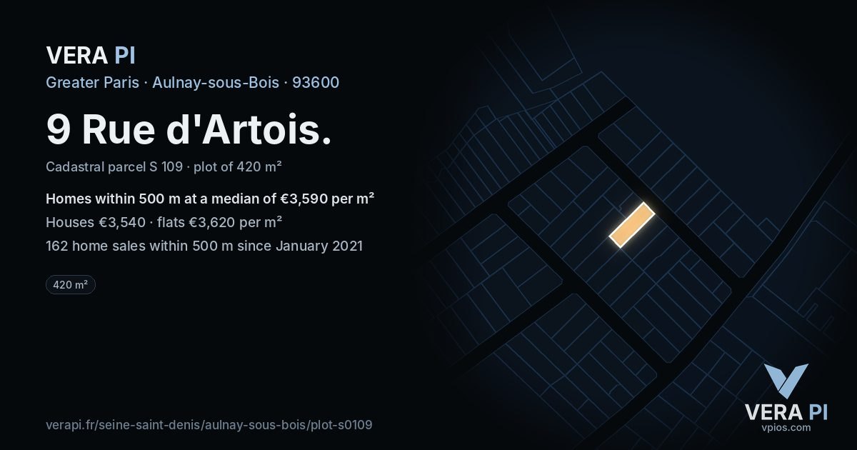 9 Rue d'Artois, Aulnay-sous-Bois at night – the plot lit, the parcels around coloured by the prices near them
