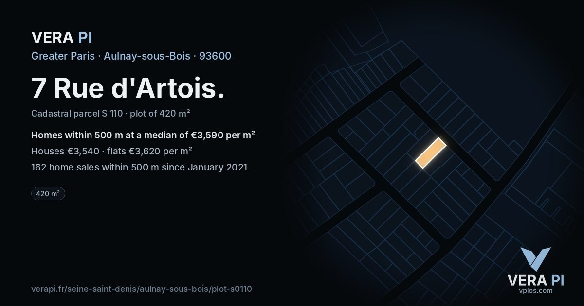 7 Rue d'Artois, Aulnay-sous-Bois at night – the plot lit, the parcels around coloured by the prices near them