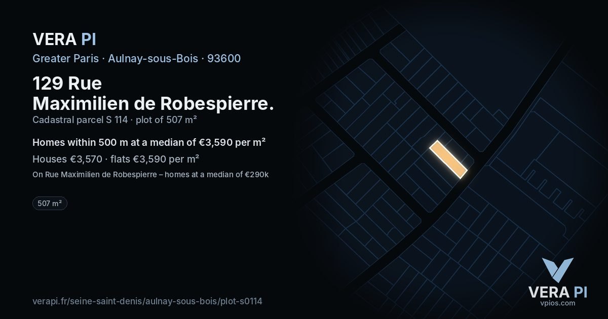 129 Rue Maximilien de Robespierre, Aulnay-sous-Bois at night – the plot lit, the parcels around coloured by the prices near them