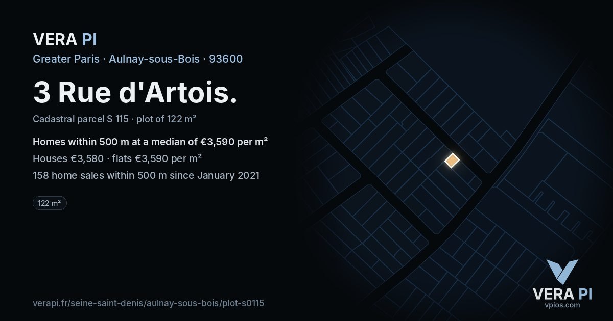 3 Rue d'Artois, Aulnay-sous-Bois at night – the plot lit, the parcels around coloured by the prices near them