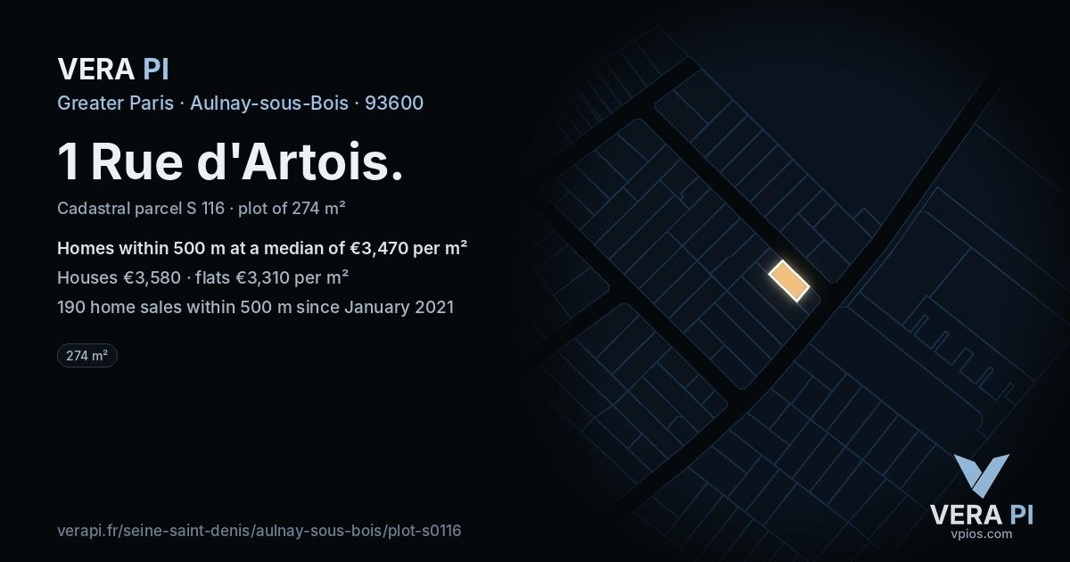1 Rue d'Artois, Aulnay-sous-Bois at night – the plot lit, the parcels around coloured by the prices near them