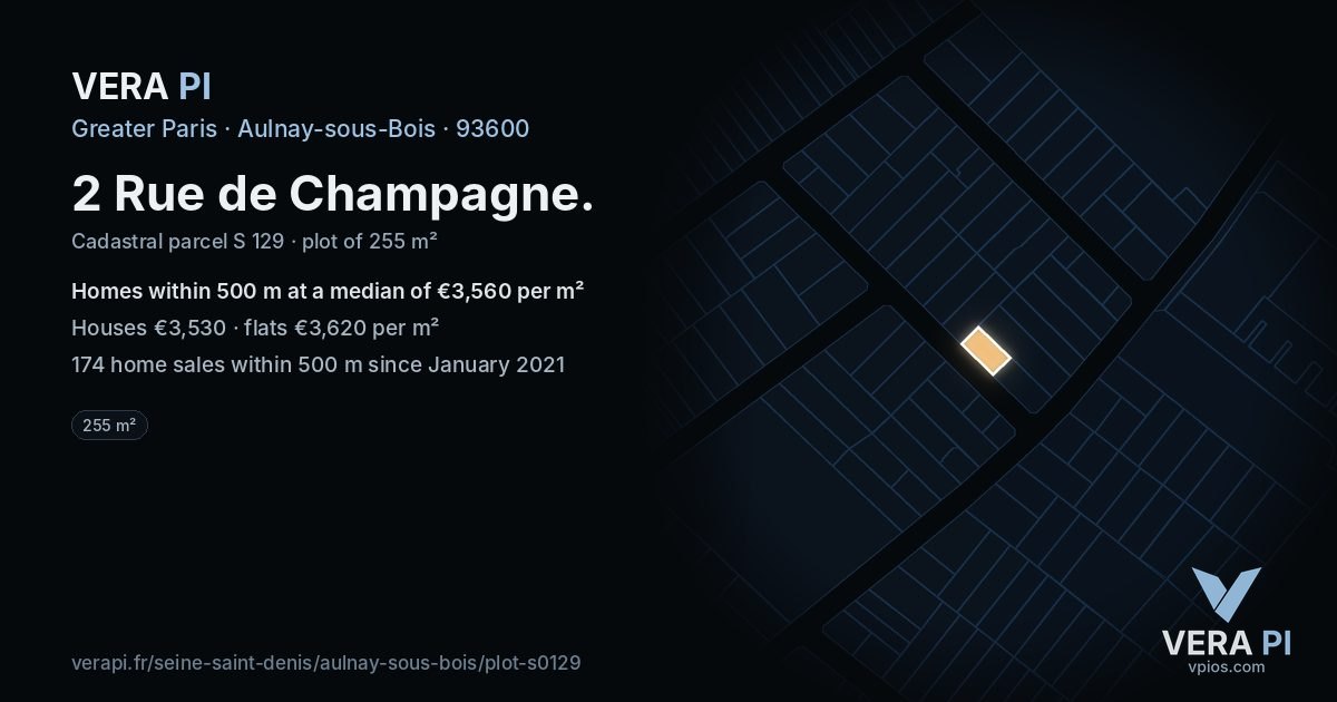2 Rue de Champagne, Aulnay-sous-Bois at night – the plot lit, the parcels around coloured by the prices near them