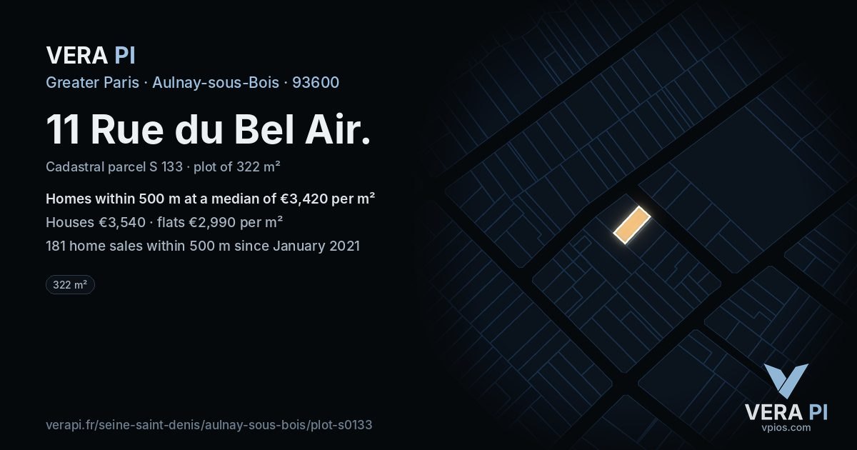 11 Rue du Bel Air, Aulnay-sous-Bois at night – the plot lit, the parcels around coloured by the prices near them