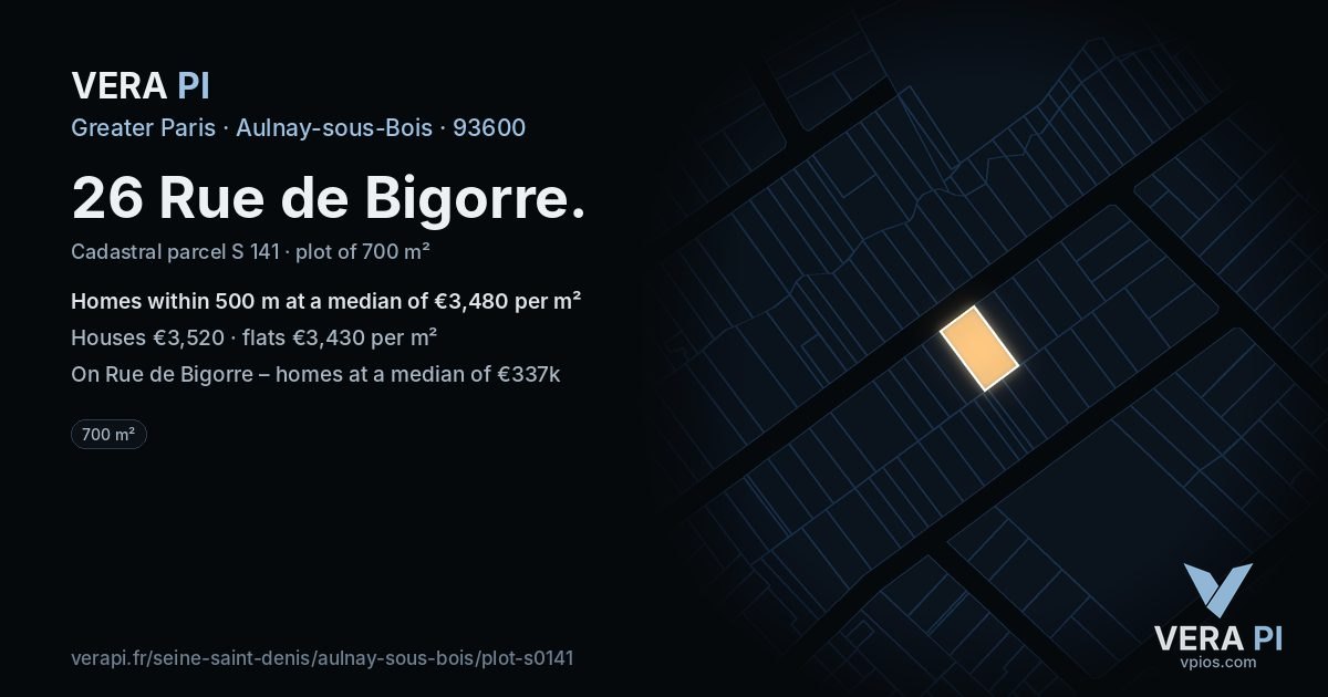 26 Rue de Bigorre, Aulnay-sous-Bois at night – the plot lit, the parcels around coloured by the prices near them