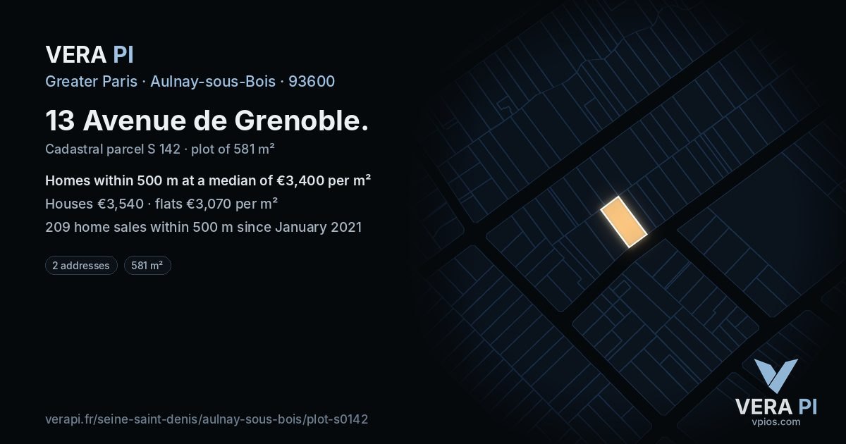 13 Avenue de Grenoble, Aulnay-sous-Bois at night – the plot lit, the parcels around coloured by the prices near them