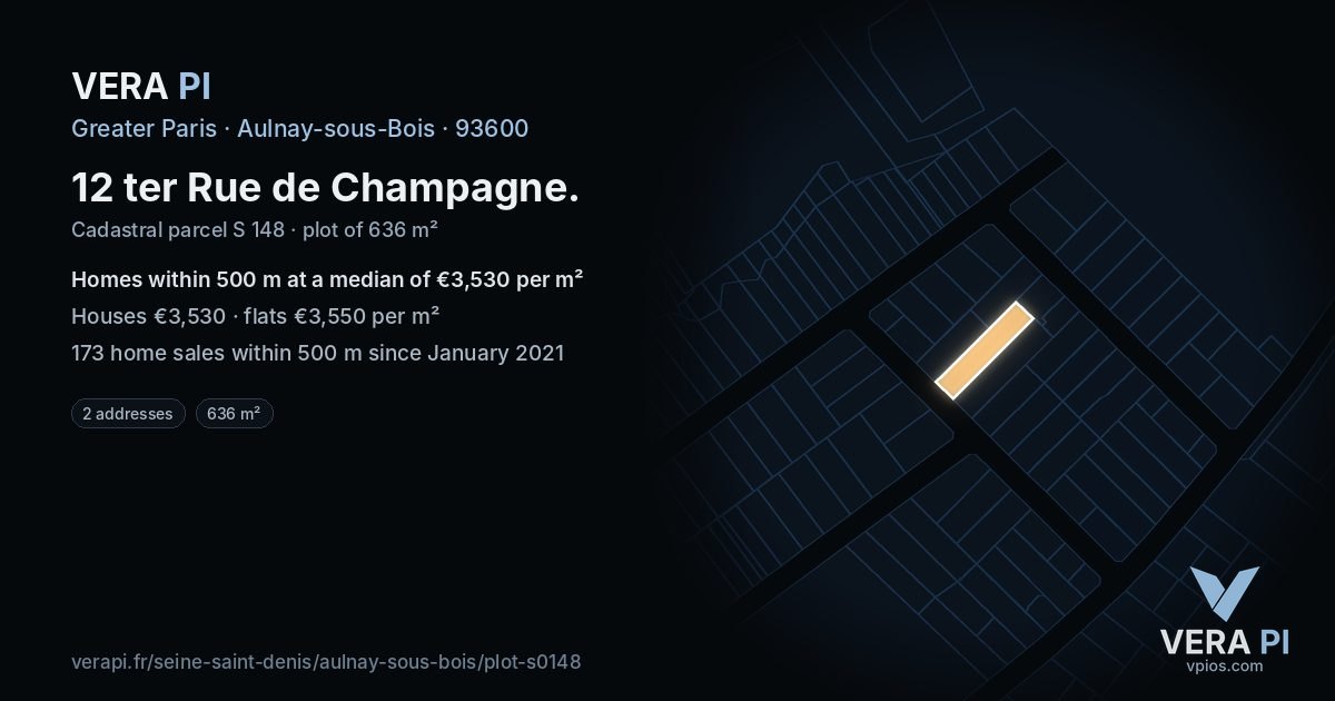 12 ter Rue de Champagne, Aulnay-sous-Bois at night – the plot lit, the parcels around coloured by the prices near them