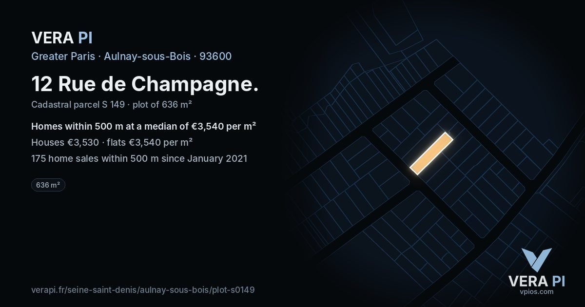 12 Rue de Champagne, Aulnay-sous-Bois at night – the plot lit, the parcels around coloured by the prices near them