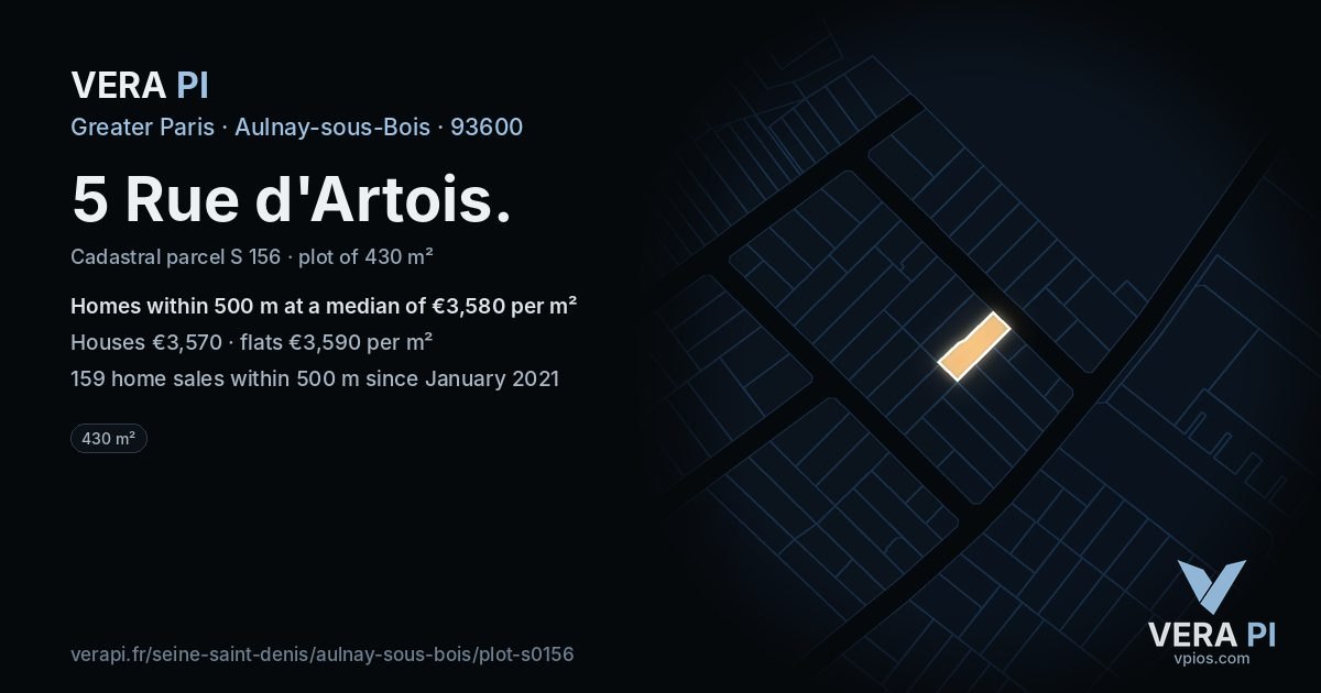 5 Rue d'Artois, Aulnay-sous-Bois at night – the plot lit, the parcels around coloured by the prices near them