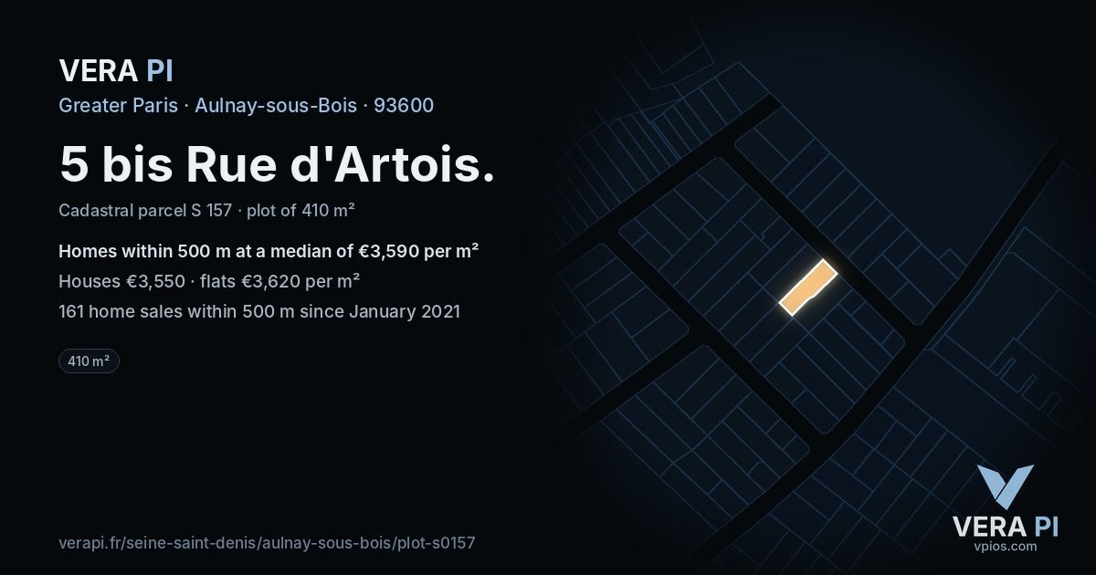 5 bis Rue d'Artois, Aulnay-sous-Bois at night – the plot lit, the parcels around coloured by the prices near them