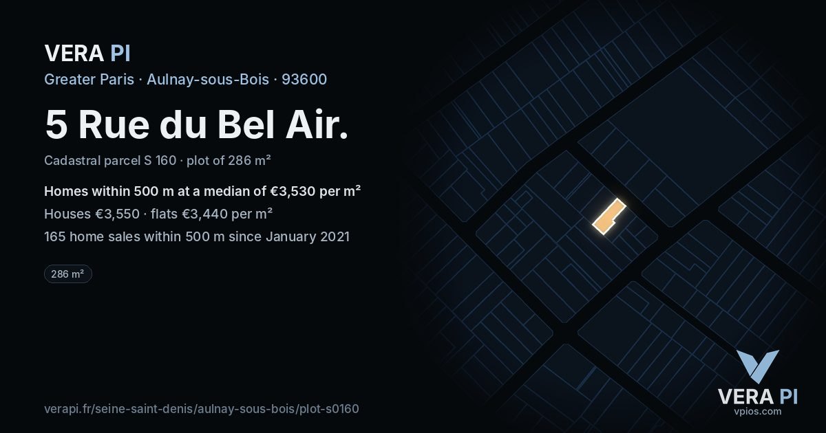 5 Rue du Bel Air, Aulnay-sous-Bois at night – the plot lit, the parcels around coloured by the prices near them