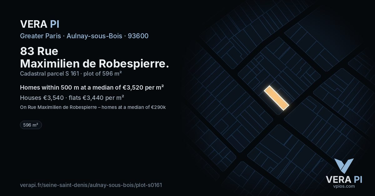 83 Rue Maximilien de Robespierre, Aulnay-sous-Bois at night – the plot lit, the parcels around coloured by the prices near them