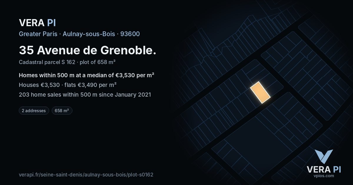 35 Avenue de Grenoble, Aulnay-sous-Bois at night – the plot lit, the parcels around coloured by the prices near them