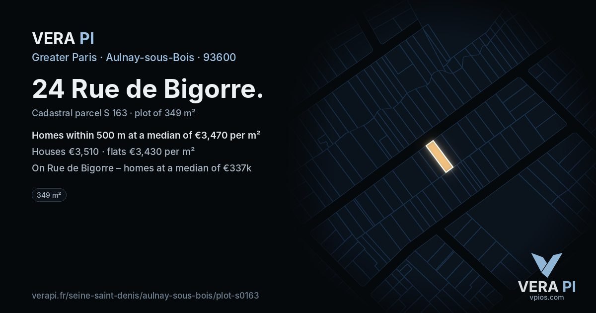 24 Rue de Bigorre, Aulnay-sous-Bois at night – the plot lit, the parcels around coloured by the prices near them