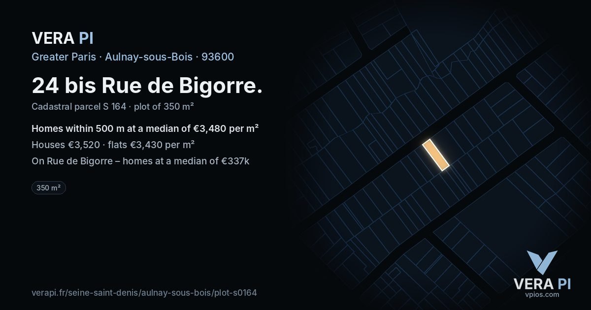 24 bis Rue de Bigorre, Aulnay-sous-Bois at night – the plot lit, the parcels around coloured by the prices near them