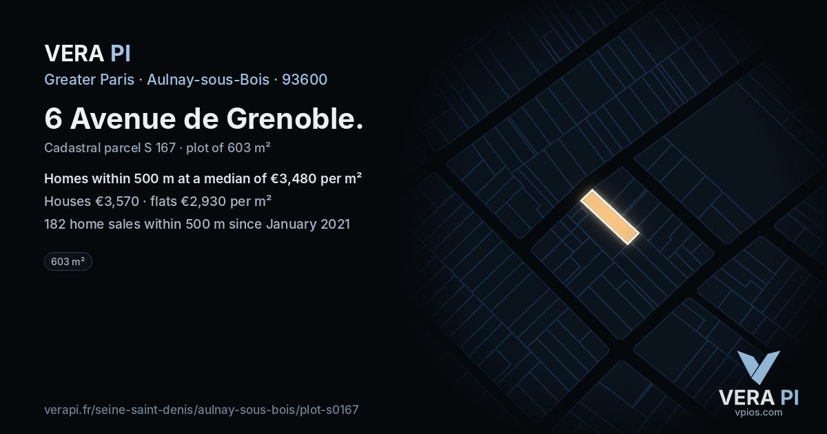 6 Avenue de Grenoble, Aulnay-sous-Bois at night – the plot lit, the parcels around coloured by the prices near them