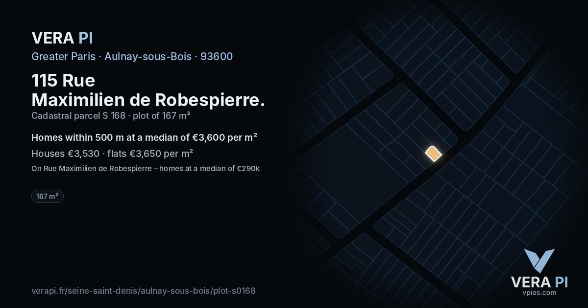 115 Rue Maximilien de Robespierre, Aulnay-sous-Bois at night – the plot lit, the parcels around coloured by the prices near them
