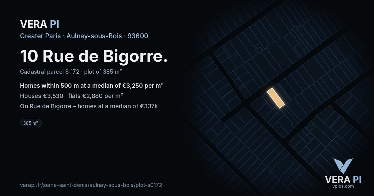 10 Rue de Bigorre, Aulnay-sous-Bois at night – the plot lit, the parcels around coloured by the prices near them