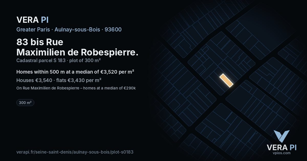 83 bis Rue Maximilien de Robespierre, Aulnay-sous-Bois at night – the plot lit, the parcels around coloured by the prices near them