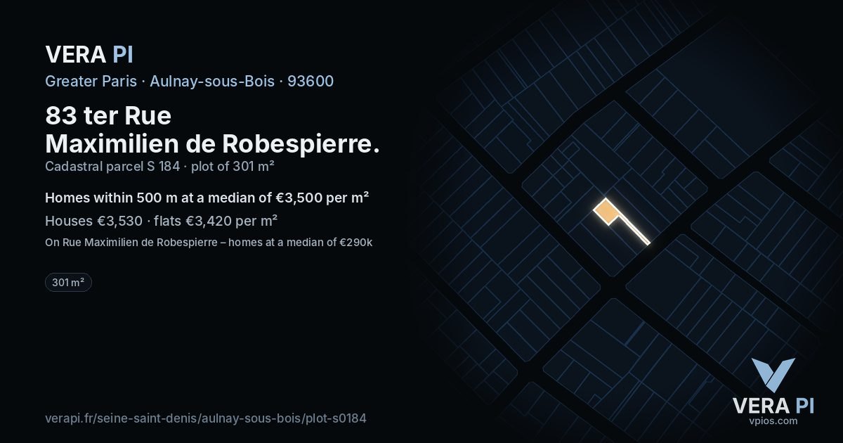 83 ter Rue Maximilien de Robespierre, Aulnay-sous-Bois at night – the plot lit, the parcels around coloured by the prices near them