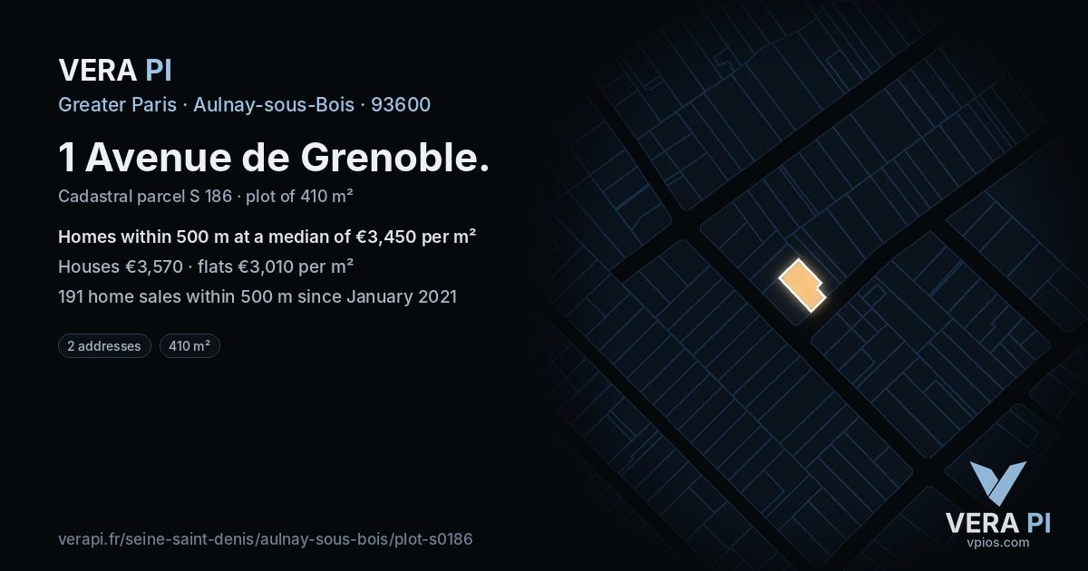 1 Avenue de Grenoble, Aulnay-sous-Bois at night – the plot lit, the parcels around coloured by the prices near them
