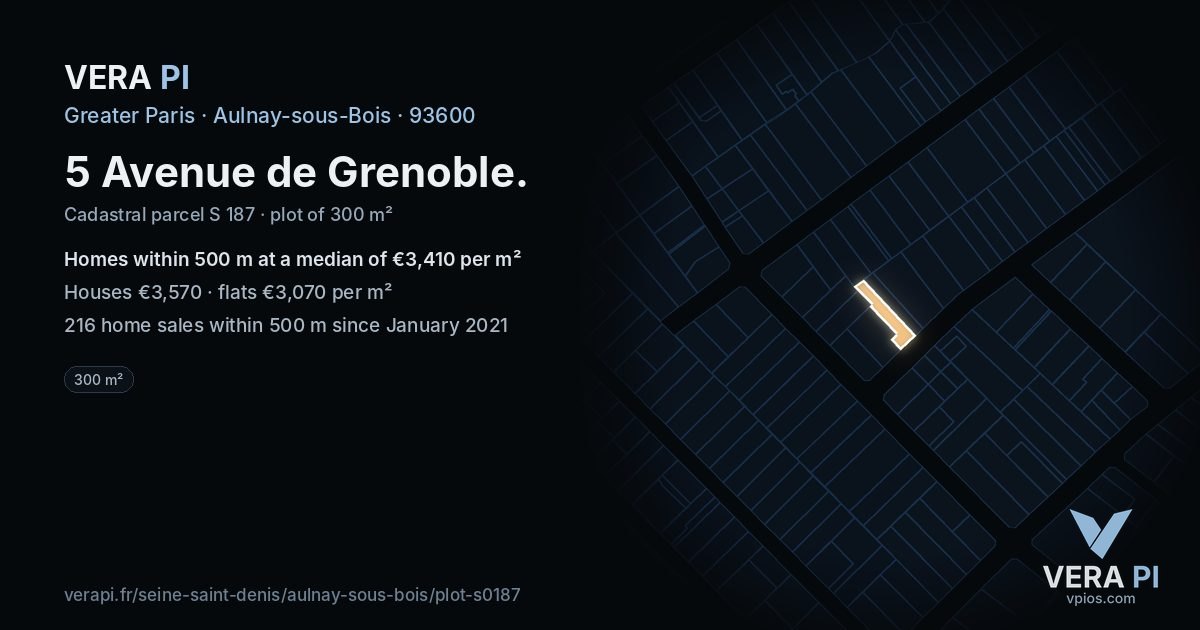 5 Avenue de Grenoble, Aulnay-sous-Bois at night – the plot lit, the parcels around coloured by the prices near them