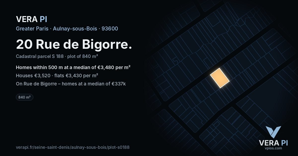 20 Rue de Bigorre, Aulnay-sous-Bois at night – the plot lit, the parcels around coloured by the prices near them