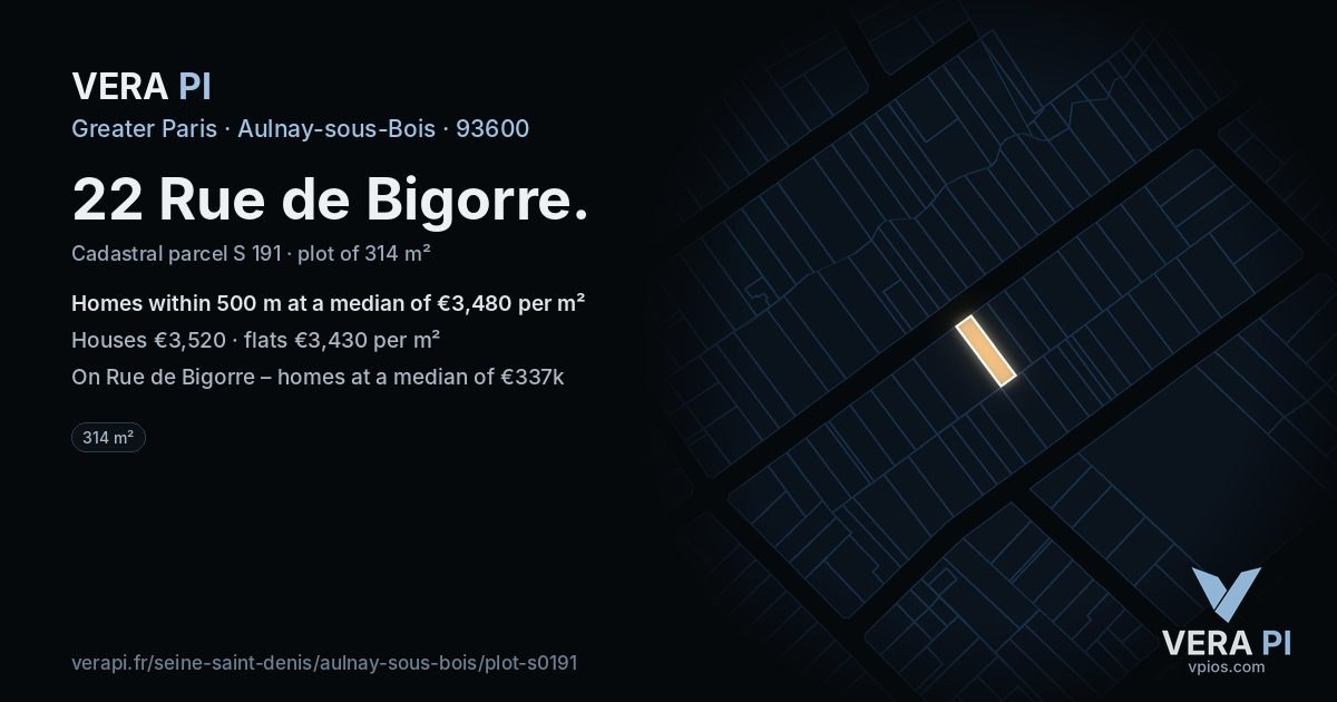 22 Rue de Bigorre, Aulnay-sous-Bois at night – the plot lit, the parcels around coloured by the prices near them