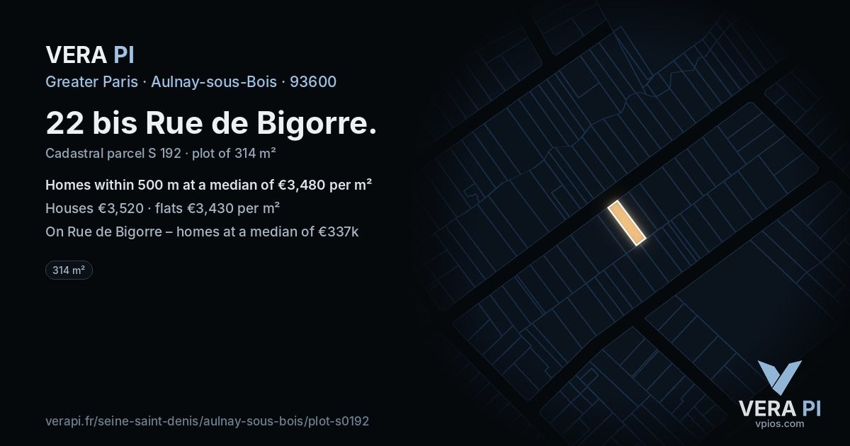 22 bis Rue de Bigorre, Aulnay-sous-Bois at night – the plot lit, the parcels around coloured by the prices near them