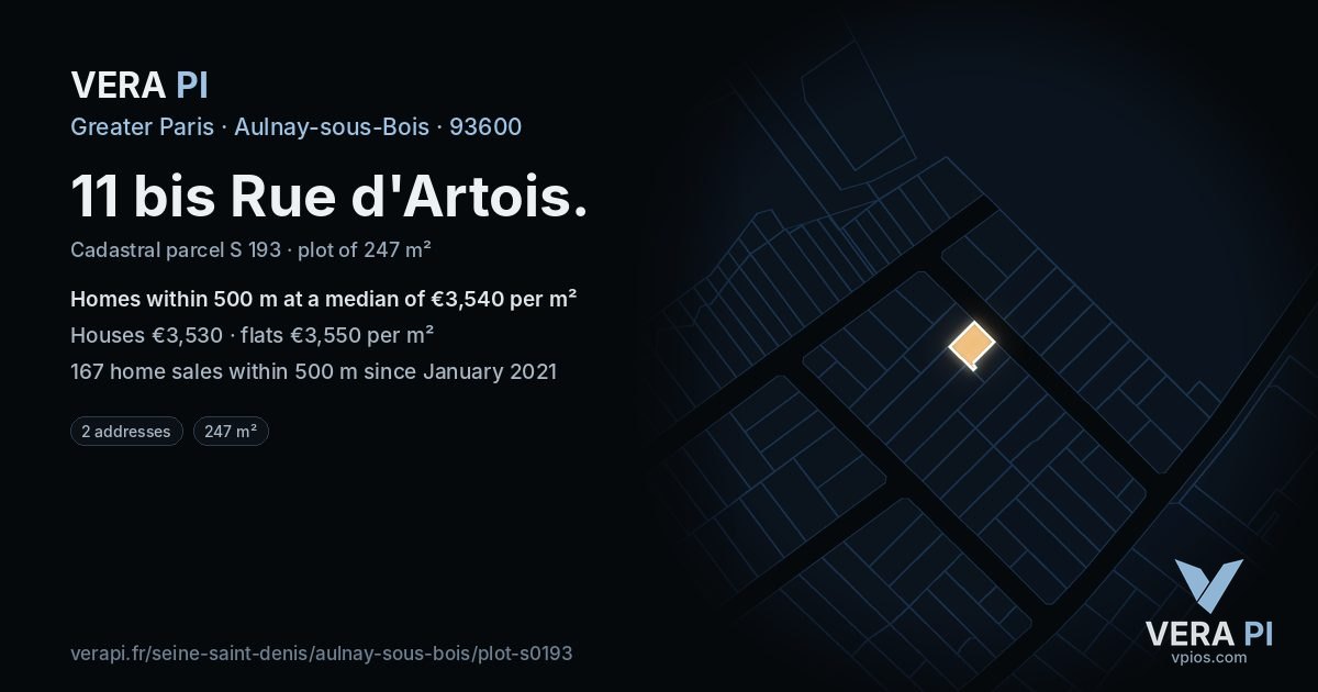 11 bis Rue d'Artois, Aulnay-sous-Bois at night – the plot lit, the parcels around coloured by the prices near them