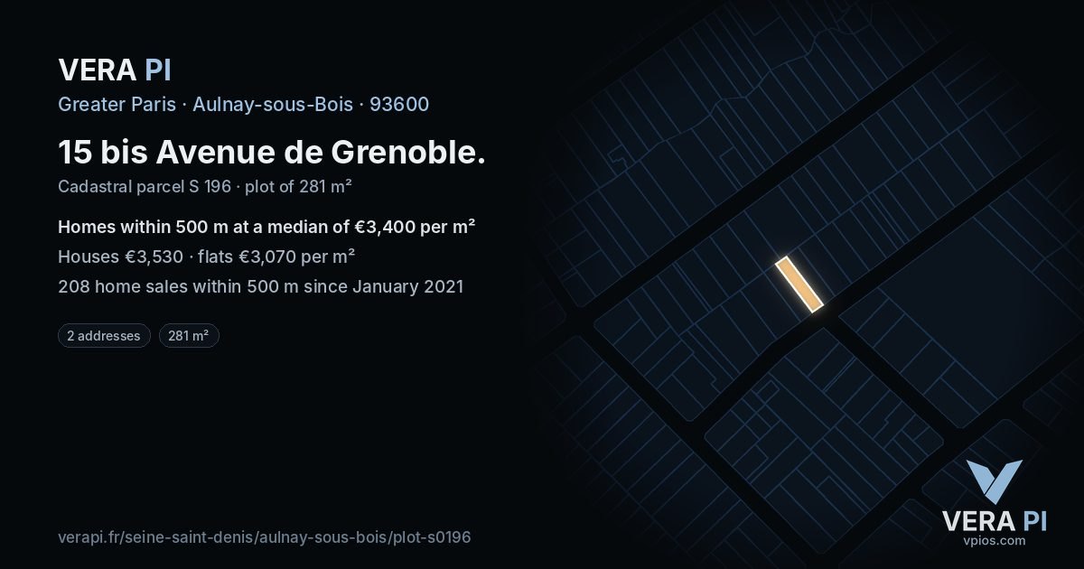 15 bis Avenue de Grenoble, Aulnay-sous-Bois at night – the plot lit, the parcels around coloured by the prices near them
