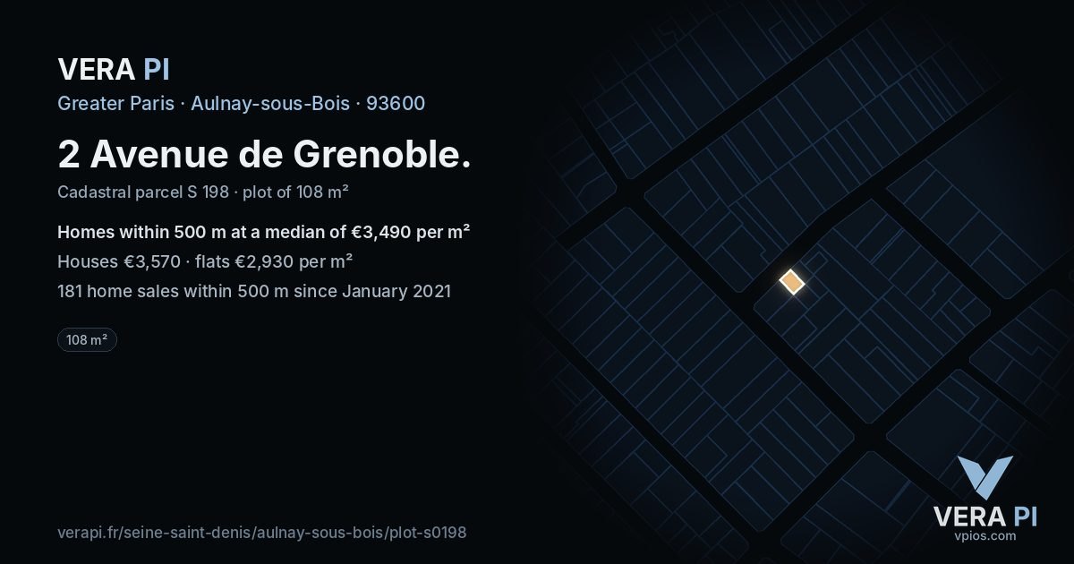 2 Avenue de Grenoble, Aulnay-sous-Bois at night – the plot lit, the parcels around coloured by the prices near them