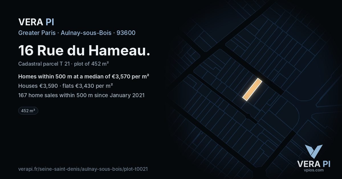 16 Rue du Hameau, Aulnay-sous-Bois at night – the plot lit, the parcels around coloured by the prices near them