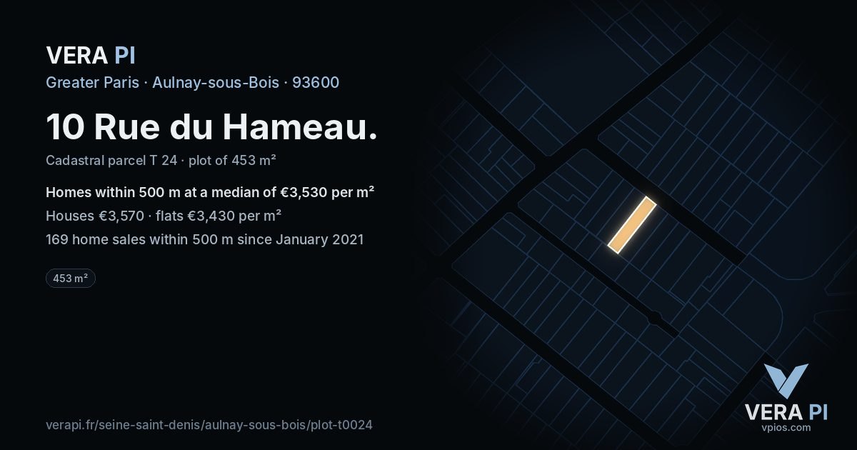 10 Rue du Hameau, Aulnay-sous-Bois at night – the plot lit, the parcels around coloured by the prices near them