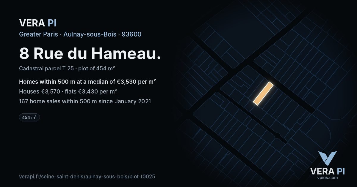 8 Rue du Hameau, Aulnay-sous-Bois at night – the plot lit, the parcels around coloured by the prices near them